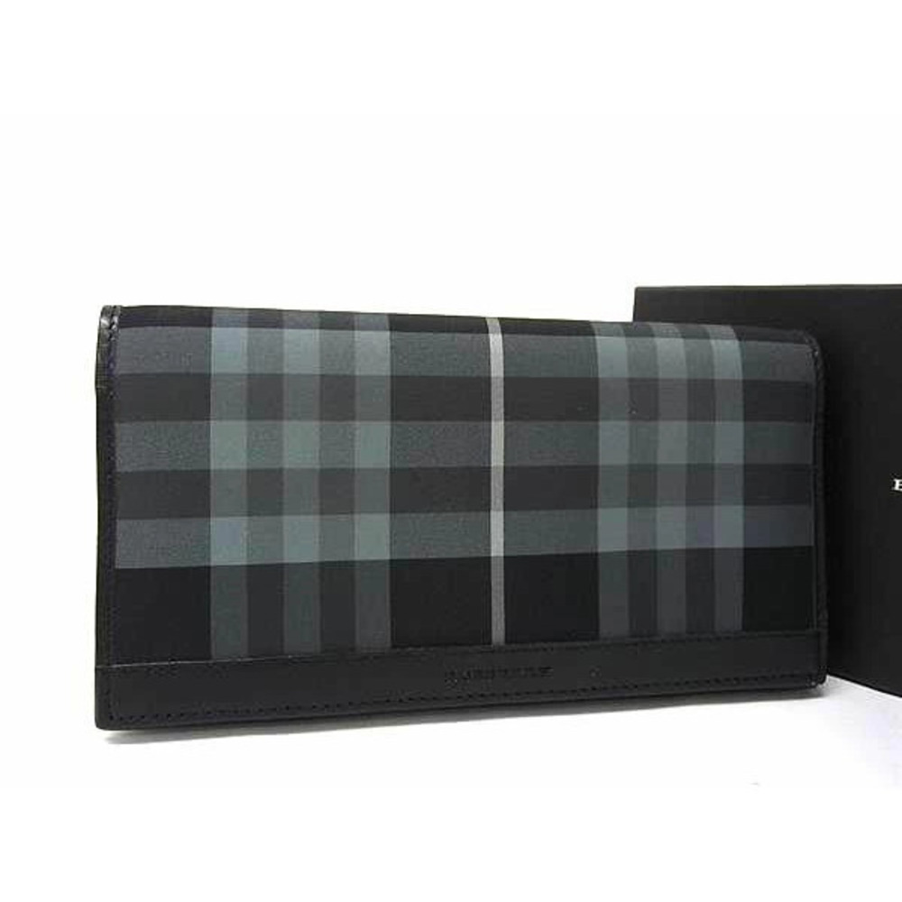 BURBERRY Leather Bi fold Long Wallet Blue Black